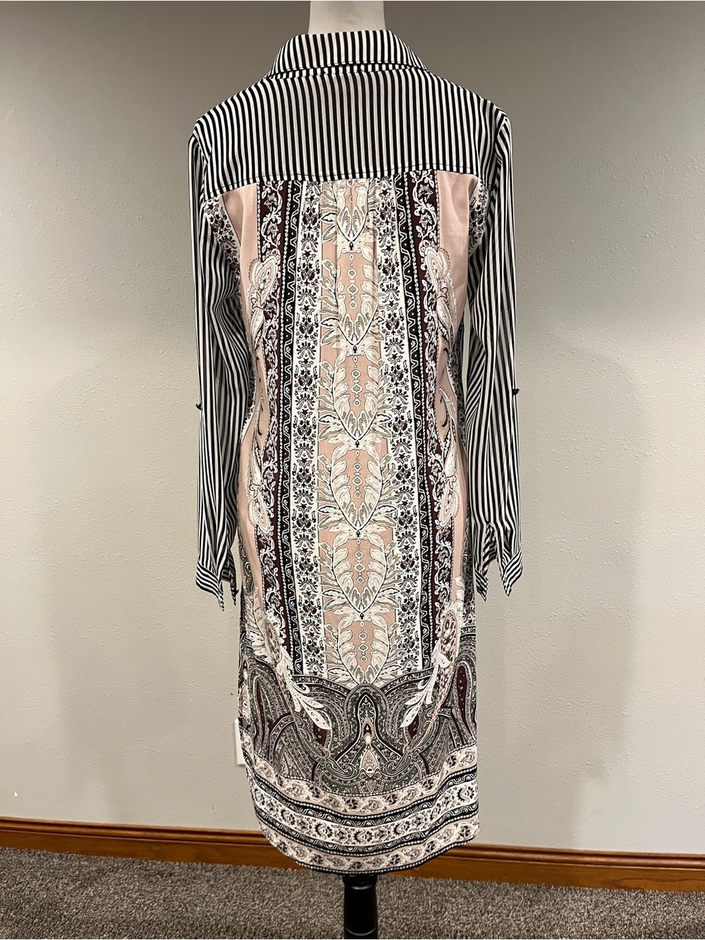 Tribal Jeans Black and White Striped Long Sleeve Shirt Dress